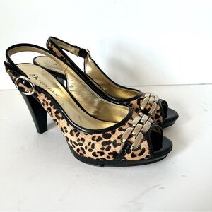 Anne Klein Calf Hair Leather Leopard Print Peep Toe Slingback High Heel Shoe 8.5